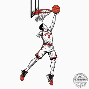 A low-angle shot of a basketball player dunki... - эскиз тату (№1751621901_0, 04.07.2025 09:38) — tattoo-photo.ru