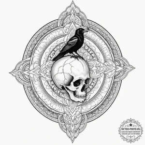 A raven perched on a skull, artistic tattoo s... - эскиз тату (№1751623615_0, 04.07.2025 10:06) — tattoo-photo.ru
