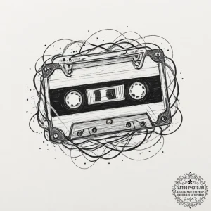 A retro cassette tape unspooling, tattoo sket... - эскиз тату (№1751623958_0, 04.07.2025 10:12) — tattoo-photo.ru