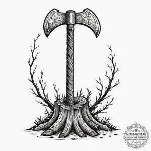 Tattoo sketch a warrior's axe embedded in a t... - эскиз тату (№1751627555_0, 04.07.2025 11:12) — tattoo-photo.ru
