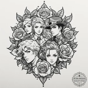 A trash polka tattoo of the main characters f... - эскиз тату (№1751635718_0, 04.07.2025 13:28) — tattoo-photo.ru