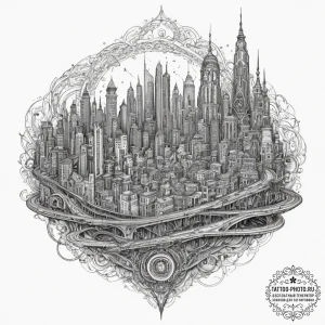Tattoo design a cyberpunk cityscape made of s... - эскиз тату (№1751636060_0, 04.07.2025 13:34) — tattoo-photo.ru