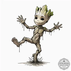 A watercolor sketch of a dancing baby groot,,... - эскиз тату (№1751636659_0, 04.07.2025 13:44) — tattoo-photo.ru