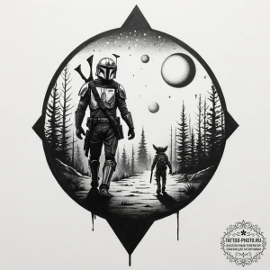 Graphic art of the mandalorian and grogu walk... - эскиз тату (№1751641305_0, 04.07.2025 15:01) — tattoo-photo.ru