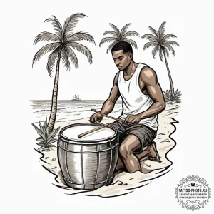 A person playing a steel drum on a tropical b... - эскиз тату (№1751641731_0, 04.07.2025 15:08) — tattoo-photo.ru