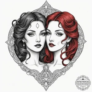 Tattoo sketch gemini faces in detailed dotwor... - эскиз тату (№1751642166_0, 04.07.2025 15:16) — tattoo-photo.ru
