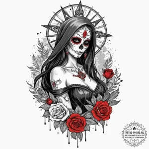 Santa muerte, ink illustration for tattoo, tr... - эскиз тату (№1751645655_0, 04.07.2025 16:14) — tattoo-photo.ru