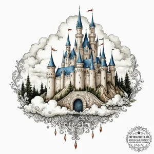 A watercolor sketch of a castle in the clouds... - эскиз тату (№1751645971_0, 04.07.2025 16:19) — tattoo-photo.ru