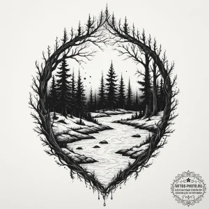 Tattoo design: a dark, mystical forest scene... - эскиз тату (№1751648379_0, 04.07.2025 16:59) — tattoo-photo.ru