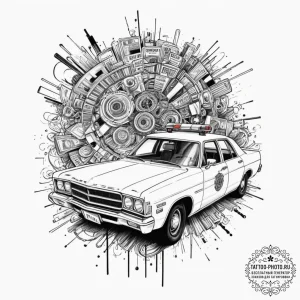 A tattoo of the "spinner" police car, detaile... - эскиз тату (№1751648720_0, 04.07.2025 17:05) — tattoo-photo.ru