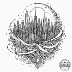 Tattoo design a cyberpunk cityscape made of s... - эскиз тату (№1751649569_0, 04.07.2025 17:19) — tattoo-photo.ru