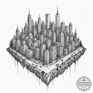 Tattoo design a highly detailed miniature cit... - эскиз тату (№1751649652_0, 04.07.2025 17:20) — tattoo-photo.ru