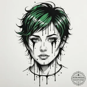A trash polka face of neo, with green code dr... - эскиз тату (№1751650515_0, 04.07.2025 17:35) — tattoo-photo.ru