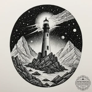 Tattoo design a celestial lighthouse on a roc... - эскиз тату (№1751650769_0, 04.07.2025 17:39) — tattoo-photo.ru