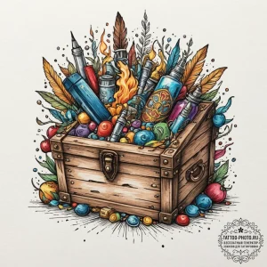 Tattoo sketch a stylized "epic loot" chest ov... - эскиз тату (№1751652450_0, 04.07.2025 18:07) — tattoo-photo.ru