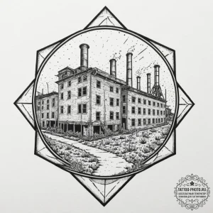 The interior of an old, abandoned factory wit... - эскиз тату (№1751653918_0, 04.07.2025 18:31) — tattoo-photo.ru