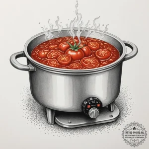 A close-up of a bubbling pot of tomato sauce... - эскиз тату (№1751655969_0, 04.07.2025 19:06) — tattoo-photo.ru