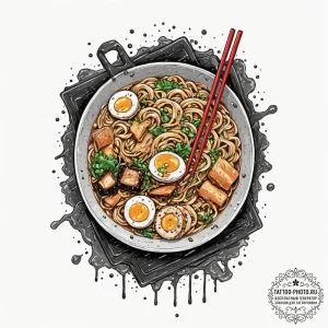 A neon ramen shop sign in the rain, ink illus... - эскиз тату (№1751660653_0, 04.07.2025 20:24) — tattoo-photo.ru