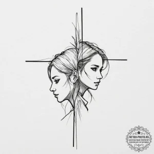 A linework tattoo of the whisper scene at the... - эскиз тату (№1751662260_0, 04.07.2025 20:51) — tattoo-photo.ru