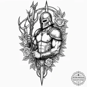 Tattoo sketch a gladiator's armored arm holdi... - эскиз тату (№1751663339_0, 04.07.2025 21:08) — tattoo-photo.ru