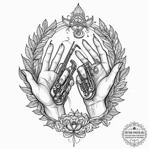 Tattoo design two stylized hands playing inst... - эскиз тату (№1751663931_0, 04.07.2025 21:18) — tattoo-photo.ru