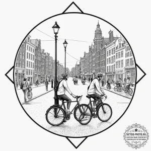 A shot of cyclists waiting for a traffic ligh... - эскиз тату (№1751665029_0, 04.07.2025 21:37) — tattoo-photo.ru