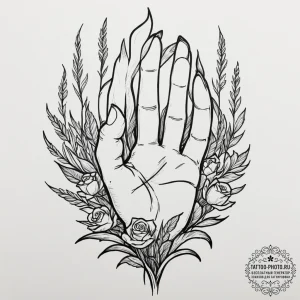 A person's hand reaching out to touch a field... - эскиз тату (№1751671599_0, 04.07.2025 23:26) — tattoo-photo.ru