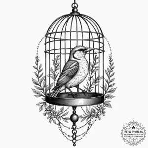Bird and cage, ink illustration for tattoo, o... - эскиз тату (№1751675846_0, 05.07.2025 00:37) — tattoo-photo.ru