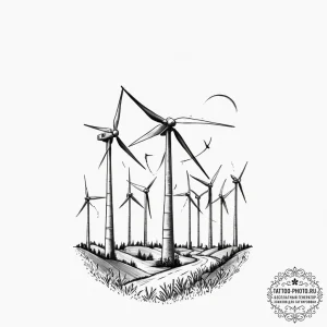 A wind turbine field at sunset., ink illustra... - эскиз тату (№1751676443_0, 05.07.2025 00:47) — tattoo-photo.ru
