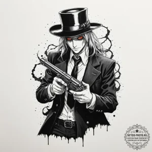 A trash polka tattoo of alucard from hellsing... - эскиз тату (№1751677460_0, 05.07.2025 01:04) — tattoo-photo.ru