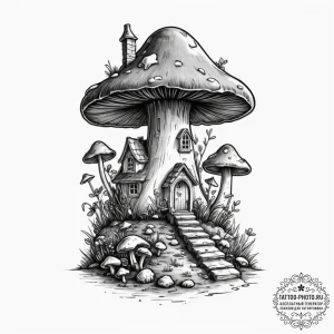 Tattoo design a whimsical mushroom house., co... - эскиз тату (№1751679254_0, 05.07.2025 01:34) — tattoo-photo.ru