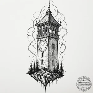 A neo-traditional design of the clock tower,... - эскиз тату (№1751680271_0, 05.07.2025 01:51) — tattoo-photo.ru