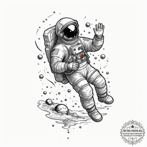 Astronaut floating in the ocean, tattoo line... - эскиз тату (№1751680610_0, 05.07.2025 01:56) — tattoo-photo.ru