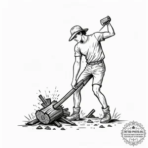 A person splitting logs with an axe., concept... - эскиз тату (№1751684624_0, 05.07.2025 03:03) — tattoo-photo.ru