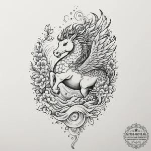 A linework tattoo of a pegasus in flight., ta... - эскиз тату (№1751685579_0, 05.07.2025 03:19) — tattoo-photo.ru