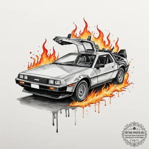 A neo-traditional tattoo of the delorean time... - эскиз тату (№1751686604_0, 05.07.2025 03:36) — tattoo-photo.ru