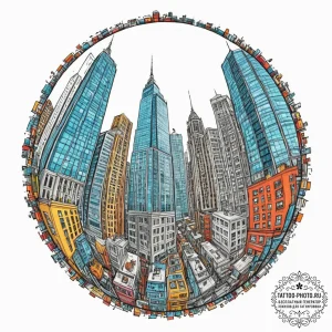 A fish-eye lens view of skyscrapers in a fina... - эскиз тату (№1751687285_0, 05.07.2025 03:48) — tattoo-photo.ru