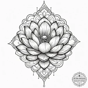 Tattoo sketch a blooming lotus flower with su... - эскиз тату (№1751688375_0, 05.07.2025 04:06) — tattoo-photo.ru