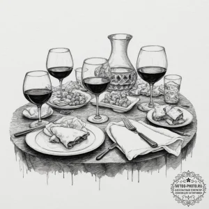 The aftermath of a dinner party, with messy p... - эскиз тату (№1751689353_0, 05.07.2025 04:22) — tattoo-photo.ru