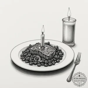 A candlelit dinner for one in a dimly lit roo... - эскиз тату (№1751693762_0, 05.07.2025 05:36) — tattoo-photo.ru