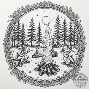 A group of people around a campfire, telling... - эскиз тату (№1751696544_0, 05.07.2025 06:22) — tattoo-photo.ru