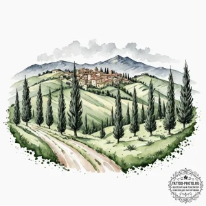 A wide shot of the rolling, green hills of tu... - эскиз тату (№1751696632_0, 05.07.2025 06:23) — tattoo-photo.ru