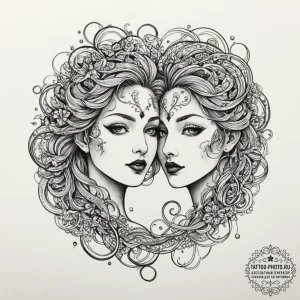 Tattoo sketch gemini faces, one in linework,... - эскиз тату (№1751699466_0, 05.07.2025 07:11) — tattoo-photo.ru