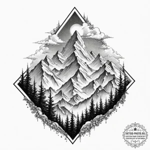 A majestic, snow-capped mountain peak breakin... - эскиз тату (№1751701229_0, 05.07.2025 07:40) — tattoo-photo.ru