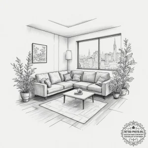 A minimalist, scandinavian-style living room... - эскиз тату (№1751701400_0, 05.07.2025 07:43) — tattoo-photo.ru