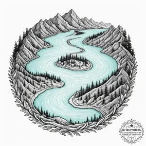 An aerial drone shot of a vibrant turquoise r... - эскиз тату (№1751704413_0, 05.07.2025 08:33) — tattoo-photo.ru