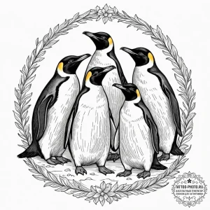 A group of penguins huddled together on an an... - эскиз тату (№1751704498_0, 05.07.2025 08:34) — tattoo-photo.ru