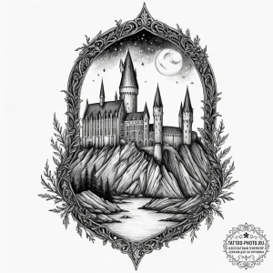 A watercolor sketch of hogwarts castle at nig... - эскиз тату (№1751705705_0, 05.07.2025 08:55) — tattoo-photo.ru