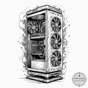 Tattoo sketch a gaming pc tower with glowing... - эскиз тату (№1751705959_0, 05.07.2025 08:59) — tattoo-photo.ru