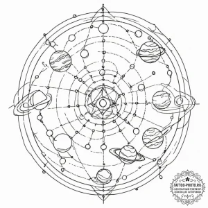 Tattoo design a set of planets in orbit, conn... - эскиз тату (№1751707170_0, 05.07.2025 09:19) — tattoo-photo.ru